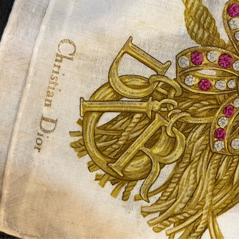 中古vantage DIOR金色流蘇寶石圖騰50x50絲巾方巾-18