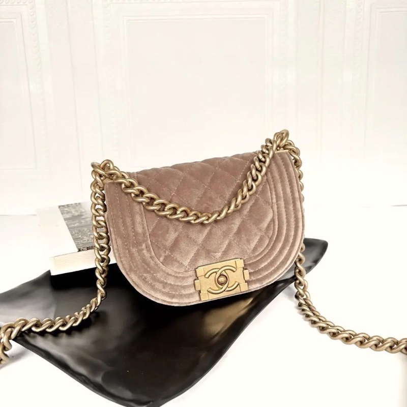 chanel 絲絨 mini 馬鞍包高級奶茶色Leboy金扣15*11 98新配件塵袋-3