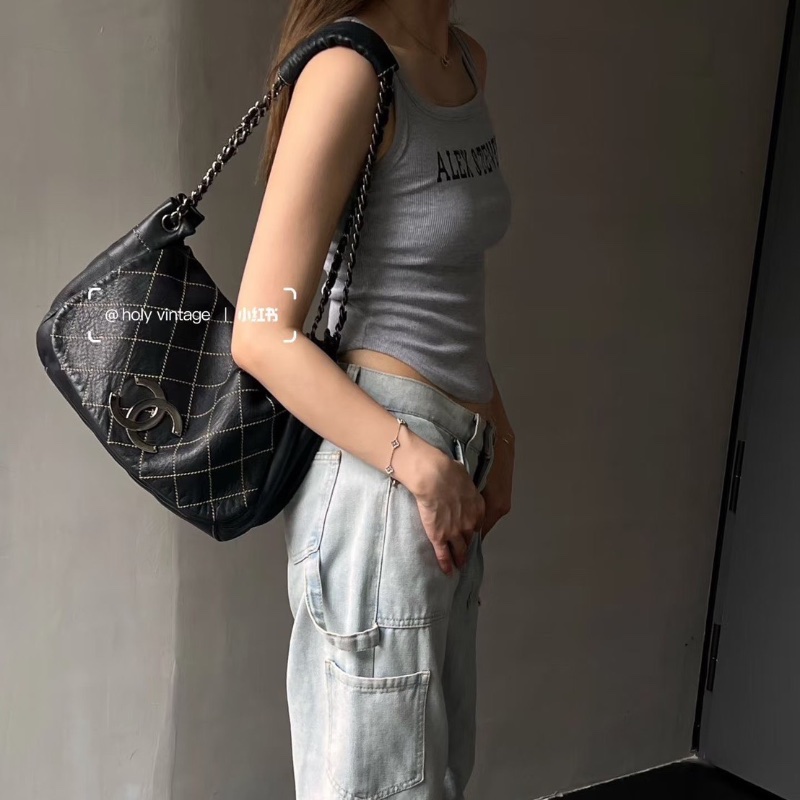 Chanel 中古外縫線餃子包黑銀 羊皮29*18*11 98新配件塵袋-0