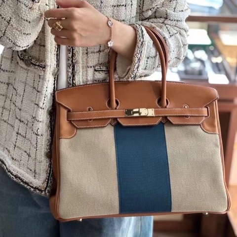 Hermes限量版Flag Birkin35 馬鞍皮拼帆布 淡金扣 35*25*18 98新配件鑰匙鎖塵袋