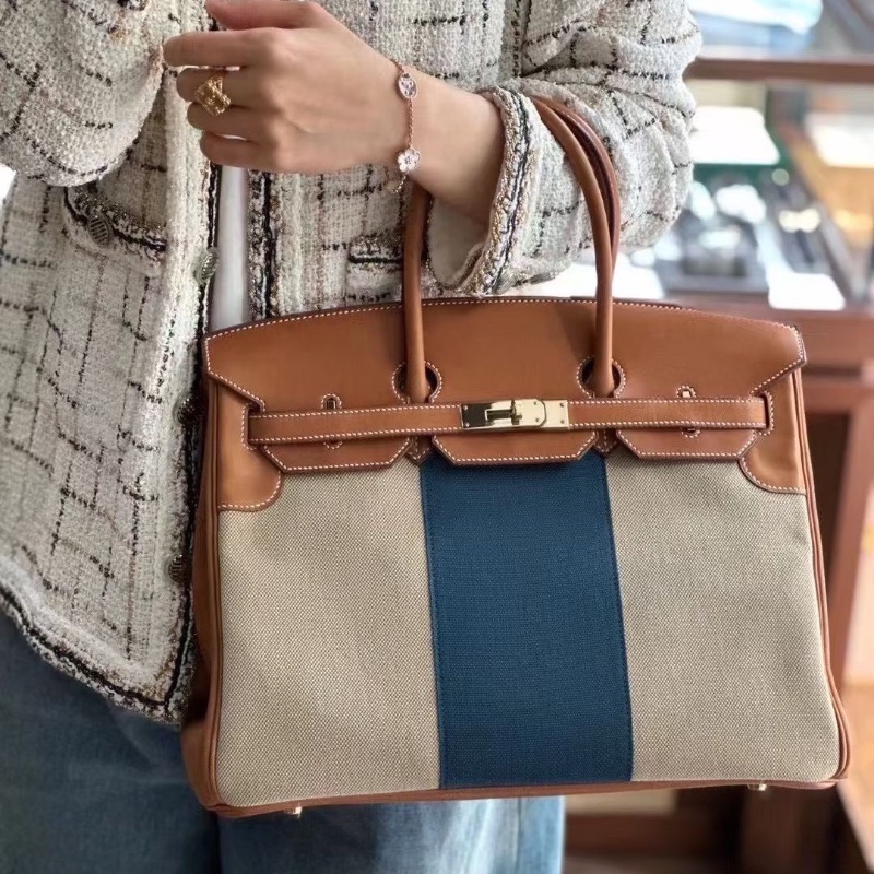 Hermes限量版Flag Birkin35 馬鞍皮拼帆布 淡金扣 35*25*18 98新配件鑰匙鎖塵袋-0