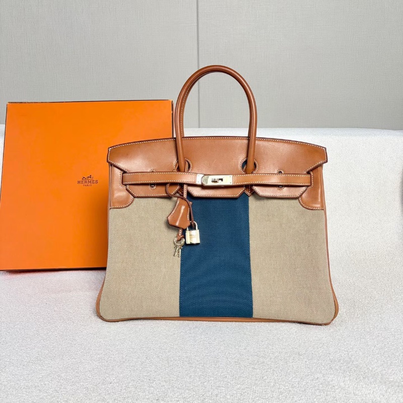Hermes限量版Flag Birkin35 馬鞍皮拼帆布 淡金扣 35*25*18 98新配件鑰匙鎖塵袋-1