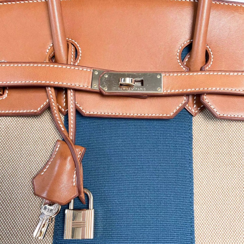 Hermes限量版Flag Birkin35 馬鞍皮拼帆布 淡金扣 35*25*18 98新配件鑰匙鎖塵袋-2