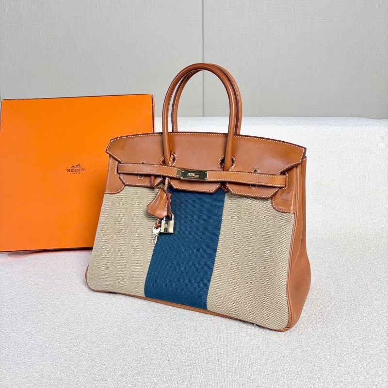 Hermes限量版Flag Birkin35 馬鞍皮拼帆布 淡金扣 35*25*18 98新配件鑰匙鎖塵袋-4