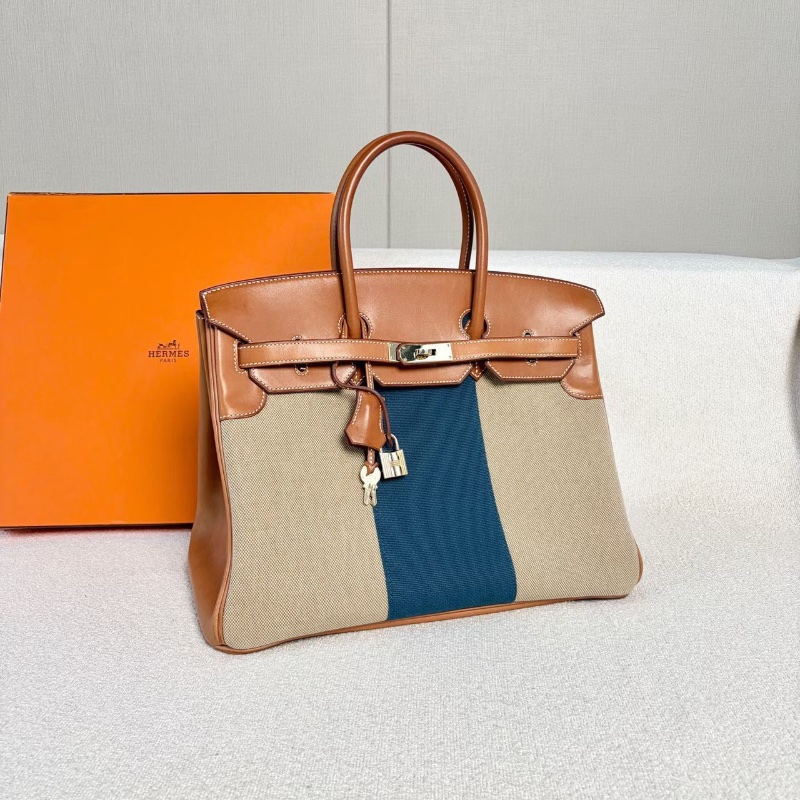 Hermes限量版Flag Birkin35 馬鞍皮拼帆布 淡金扣 35*25*18 98新配件鑰匙鎖塵袋-6