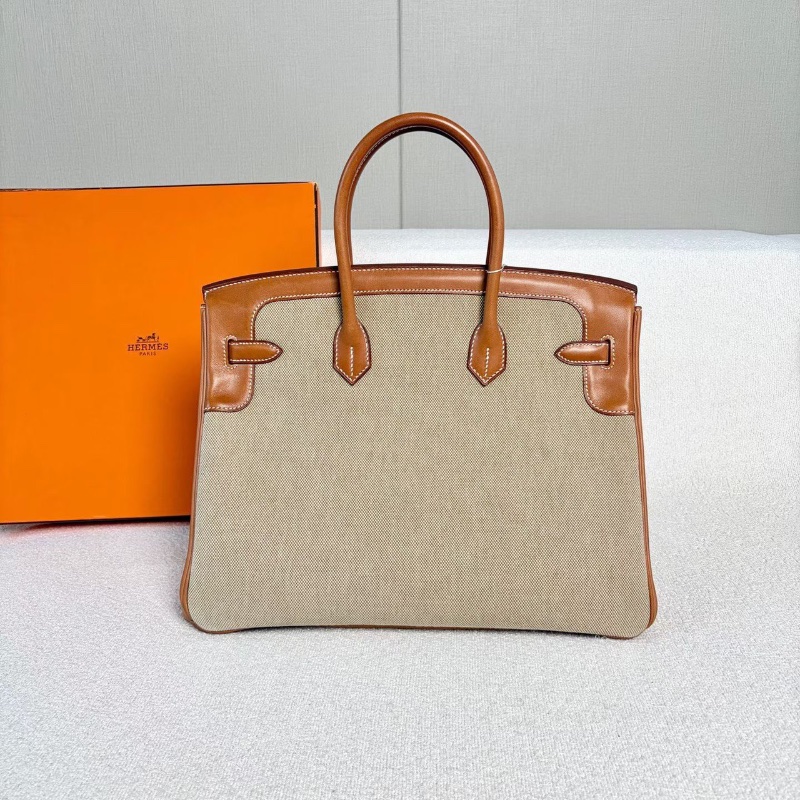 Hermes限量版Flag Birkin35 馬鞍皮拼帆布 淡金扣 35*25*18 98新配件鑰匙鎖塵袋-7