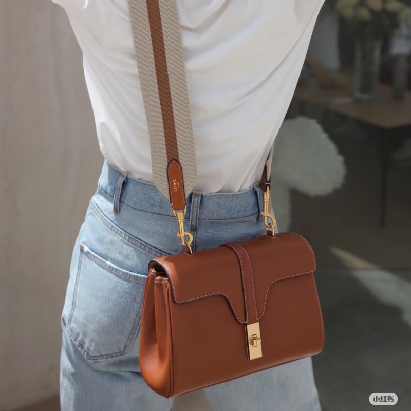 Celine Soft16小號肩背斜背包 金棕 牛皮 24*16*7 98新配件塵袋肩帶-0
