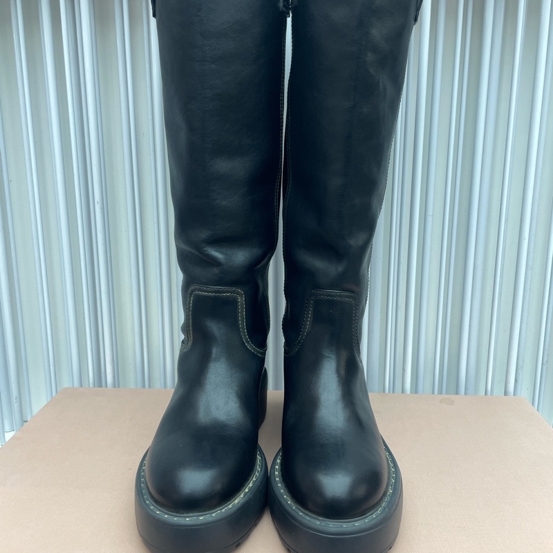 99新 Miu Miu/繆繆 牛皮長筒靴子 5.5cm跟 黑色 38碼-0