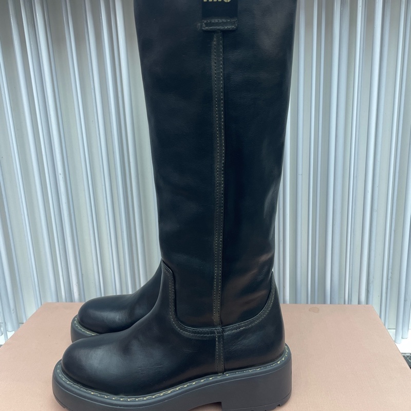 99新 Miu Miu/繆繆 牛皮長筒靴子 5.5cm跟 黑色 38碼-1