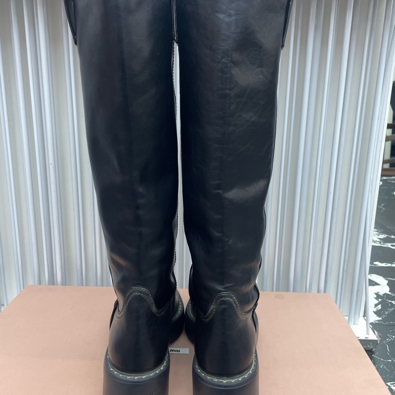 99新 Miu Miu/繆繆 牛皮長筒靴子 5.5cm跟 黑色 38碼-2