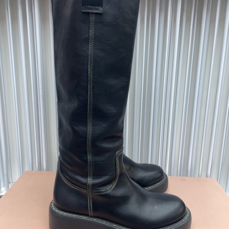 99新 Miu Miu/繆繆 牛皮長筒靴子 5.5cm跟 黑色 38碼-3