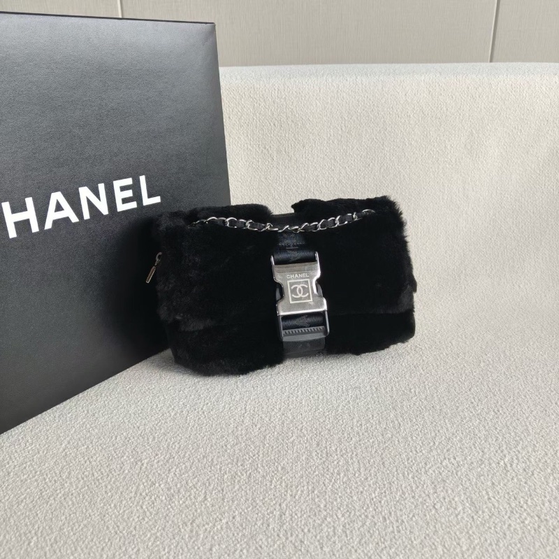 Chanel 黑色兔毛方標sport鏈條包24*15*4.5 98新盒子保卡購證塵袋-5