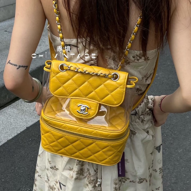 Chanel 透明PVC果凍後背包黃色銀扣 油蠟皮拼PVC21*24*11.5 98新配件塵袋保卡-0