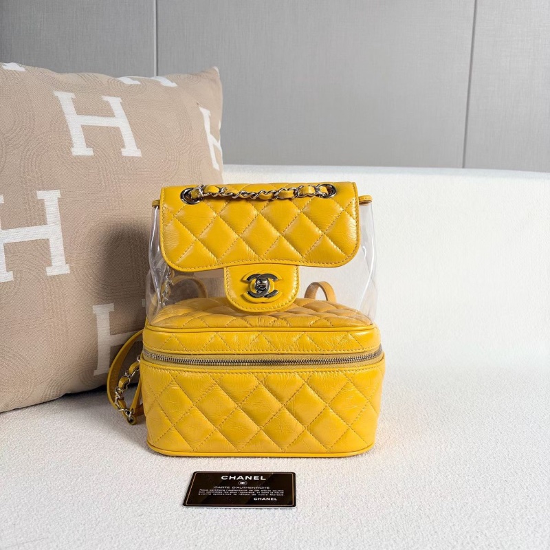 Chanel 透明PVC果凍後背包黃色銀扣 油蠟皮拼PVC21*24*11.5 98新配件塵袋保卡-1
