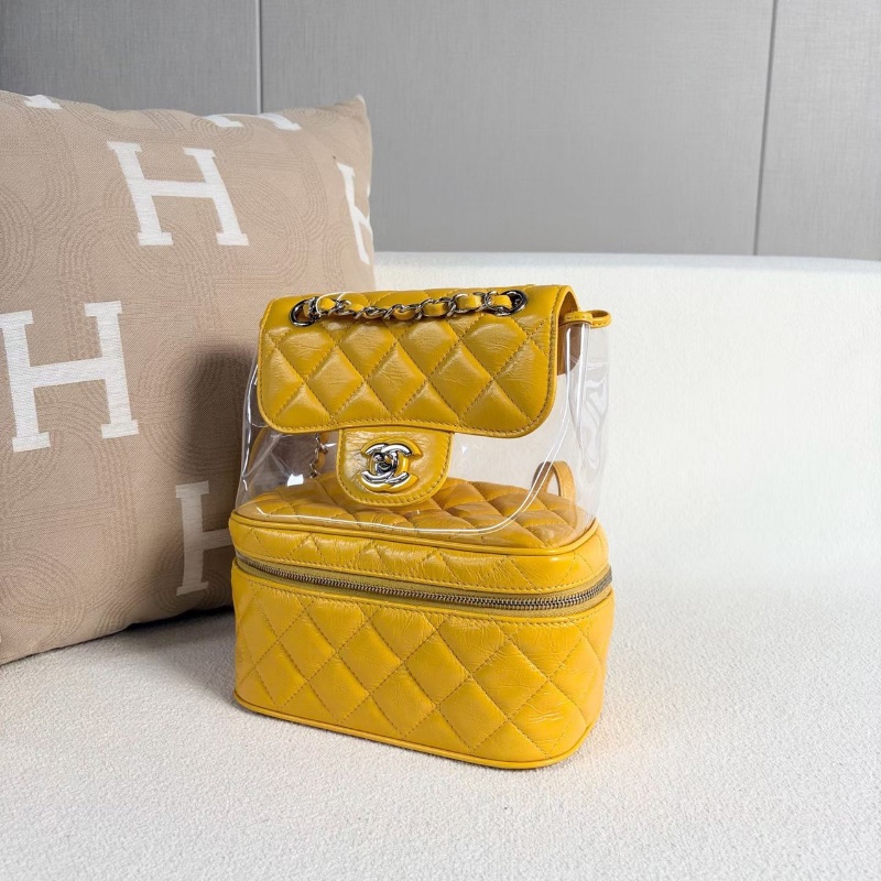 Chanel 透明PVC果凍後背包黃色銀扣 油蠟皮拼PVC21*24*11.5 98新配件塵袋保卡-3