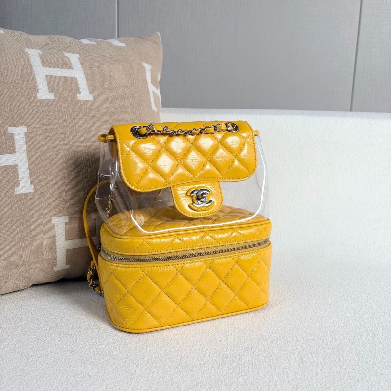 Chanel 透明PVC果凍後背包黃色銀扣 油蠟皮拼PVC21*24*11.5 98新配件塵袋保卡-5