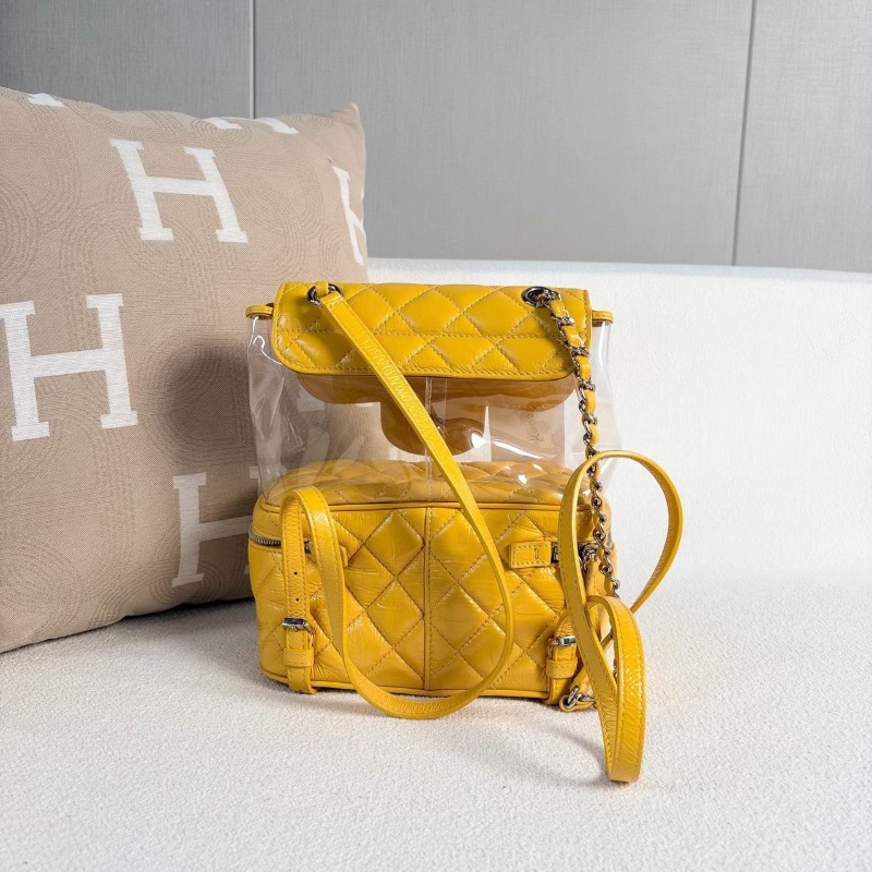Chanel 透明PVC果凍後背包黃色銀扣 油蠟皮拼PVC21*24*11.5 98新配件塵袋保卡-6