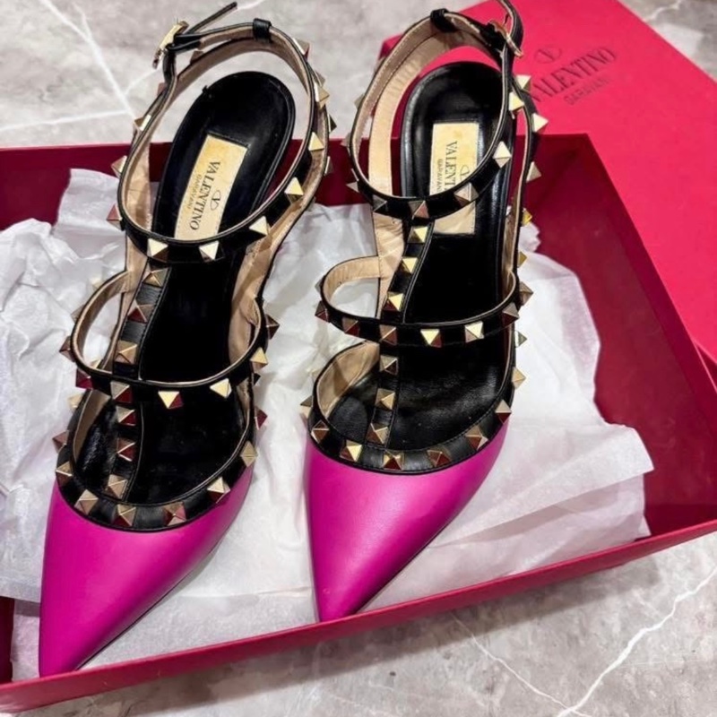 二手Valentino 38.5桃紅黑鉚釘涼鞋-6