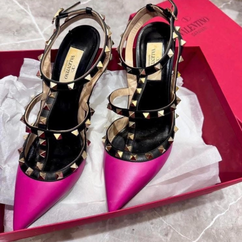 二手Valentino 38.5桃紅黑鉚釘涼鞋-12