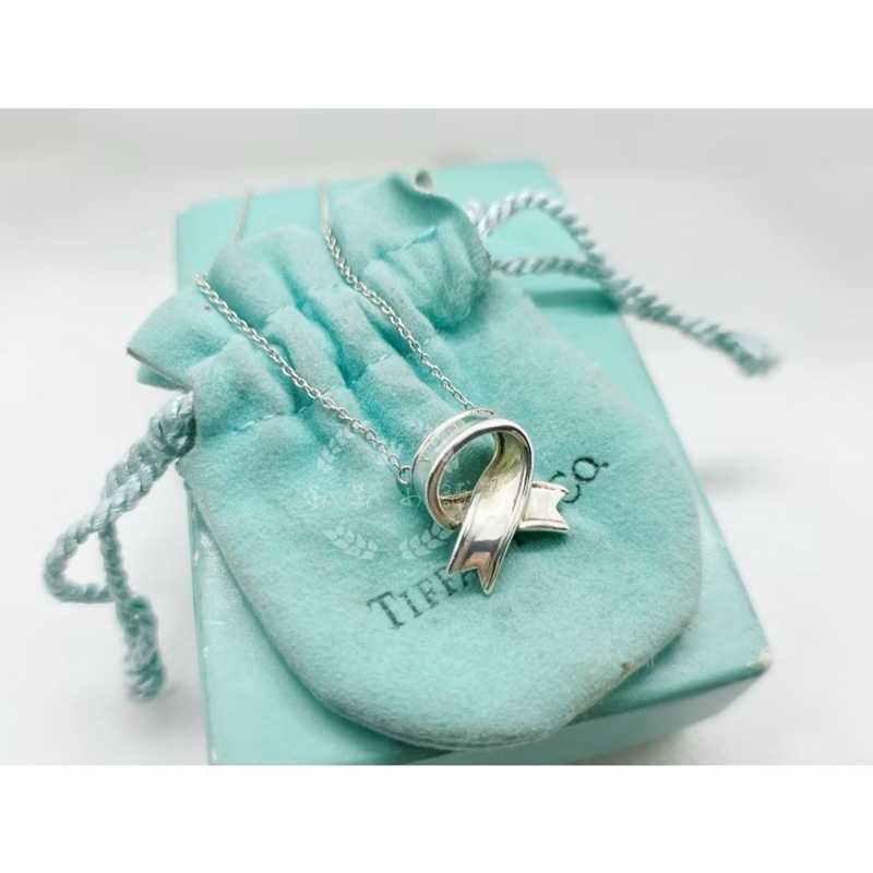~~趴趴小舖~~極新正品Tiffany &Co  Ribbon Bow絲帶蝴蝶結項鍊配件齊全2602231710-0