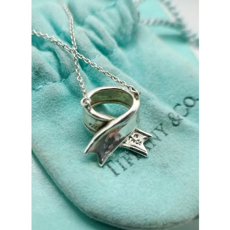 ~~趴趴小舖~~極新正品Tiffany &Co  Ribbon Bow絲帶蝴蝶結項鍊配件齊全2602231710-2