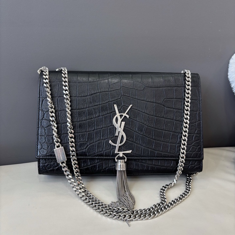 YSL 黑銀鰐魚壓紋流蘇kate中號-0