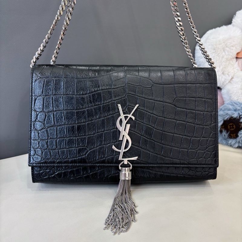 YSL 黑銀鰐魚壓紋流蘇kate中號-1