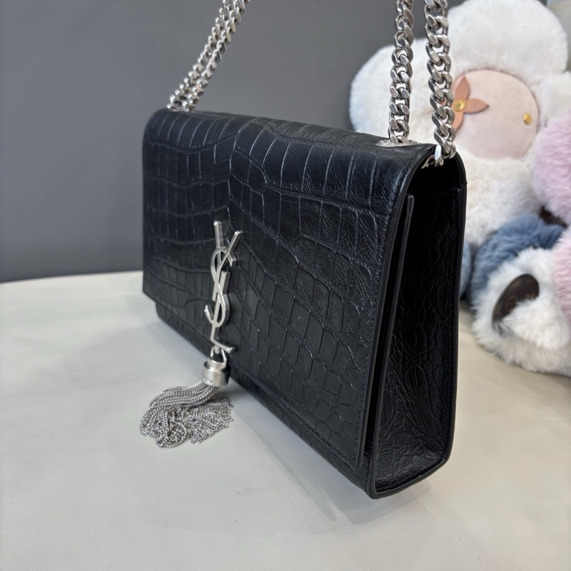 YSL 黑銀鰐魚壓紋流蘇kate中號-2