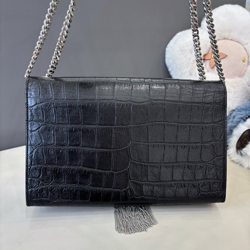 YSL 黑銀鰐魚壓紋流蘇kate中號-4