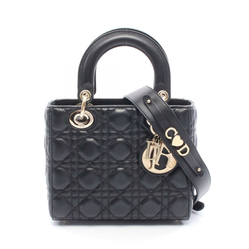 Christian Dior My ABCDior Lady Small Cannage 2Way Tote Handbag leather Blk Used-0