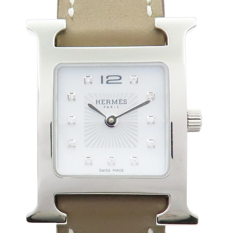 白色 鑲鑽錶盤 灰色錶帶 石英 Heure H腕錶 U刻【HERMES 愛馬仕】 HH1.210