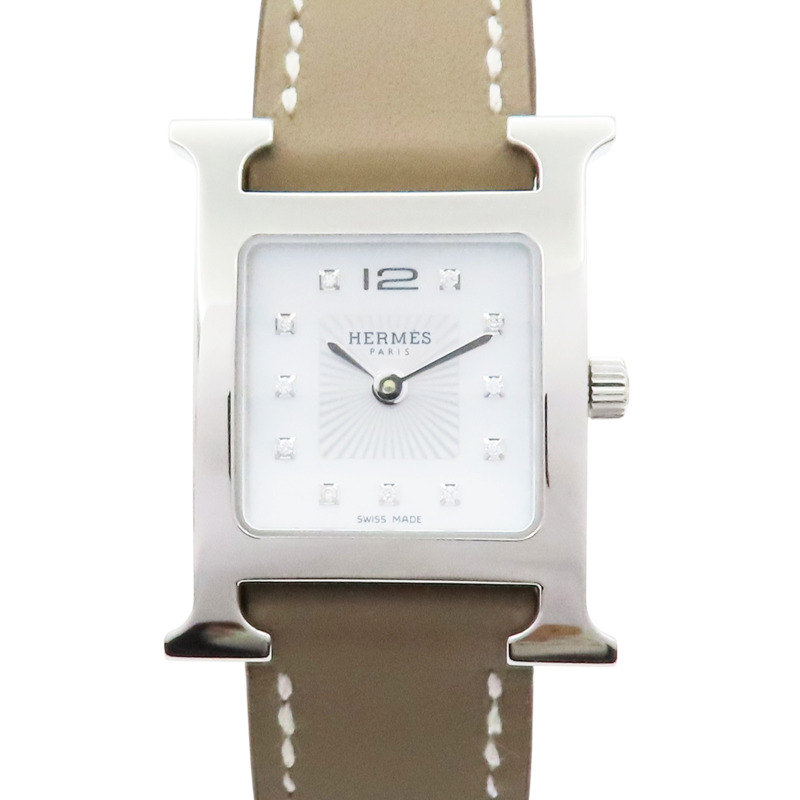 白色 鑲鑽錶盤 灰色錶帶 石英 Heure H腕錶 U刻【HERMES 愛馬仕】 HH1.210-1