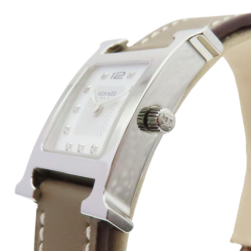 白色 鑲鑽錶盤 灰色錶帶 石英 Heure H腕錶 U刻【HERMES 愛馬仕】 HH1.210-2