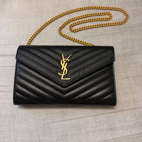 YSL黑金荔枝牛斜背信封包woc經典粒面皮革鏈條錢包