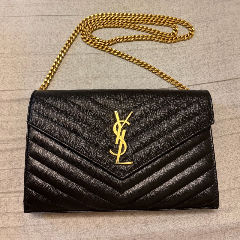 YSL黑金荔枝牛斜背信封包woc經典粒面皮革鏈條錢包-5