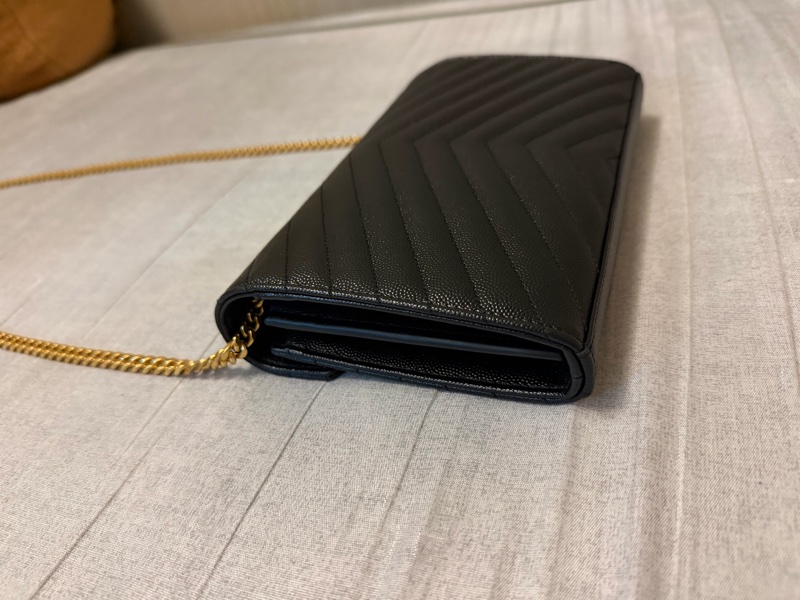 YSL黑金荔枝牛斜背信封包woc經典粒面皮革鏈條錢包-7