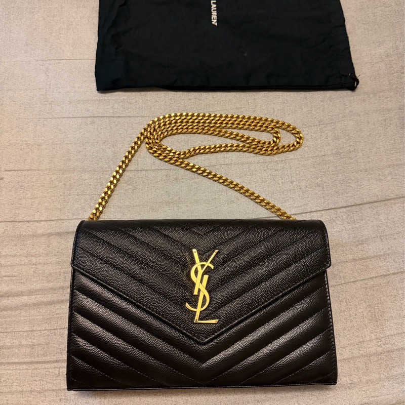 YSL黑金荔枝牛斜背信封包woc經典粒面皮革鏈條錢包-13