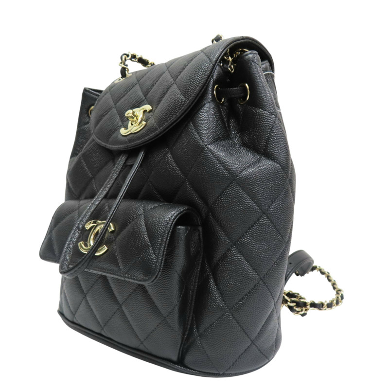黑色 菱格紋 紋荔紋 牛皮 後背包 金釦【CHANEL 香奈兒】-1