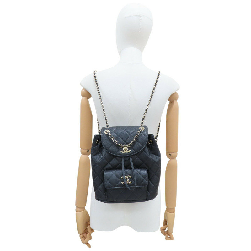 黑色 菱格紋 紋荔紋 牛皮 後背包 金釦【CHANEL 香奈兒】-8