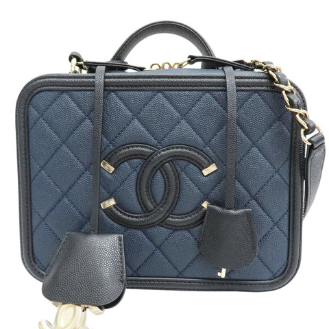 藍色 菱格紋 荔枝牛皮 CC Filigree Vanity Case 鏈帶肩背包 無卡【CHANEL 香奈兒】 A93343