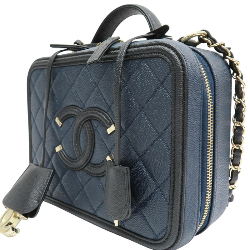 藍色 菱格紋 荔枝牛皮 CC Filigree Vanity Case 鏈帶肩背包 無卡【CHANEL 香奈兒】 A93343-1