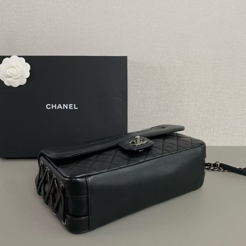 Chanel香奈兒 黑銀牛皮限定款綁帶CF鏈條包-5