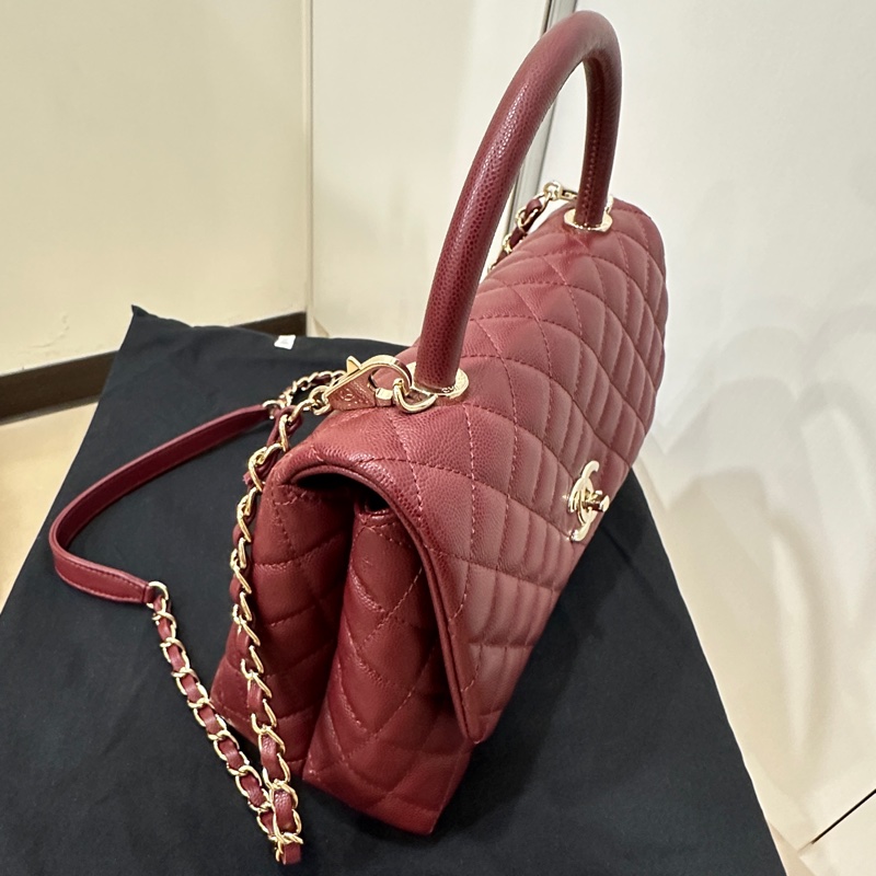 ꧁ Chanel 🖤COCO handle手提/肩帶斜背包🍷酒紅 ꧂-4