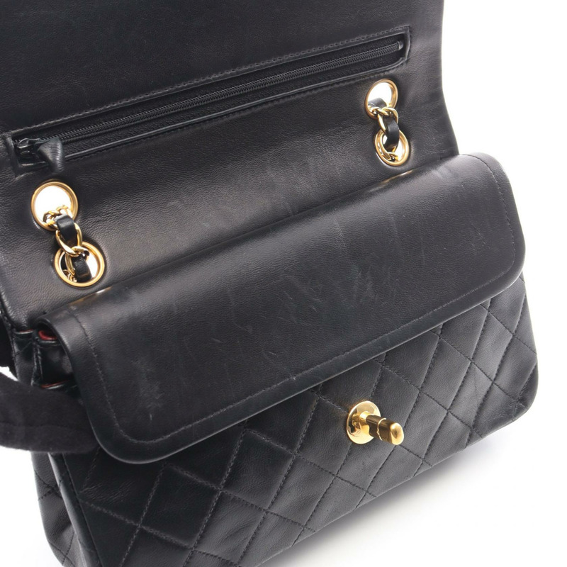 香奈兒 (CHANEL) Matelasse 雙蓋鏈條肩背包 A01113 羊皮黑色金色五金二手-5
