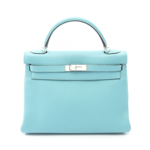 愛馬仕 Kelly 32 手提包，內襯縫製 Taurillon Clemence 藍色環礁圖案，二手，帶五金配件。