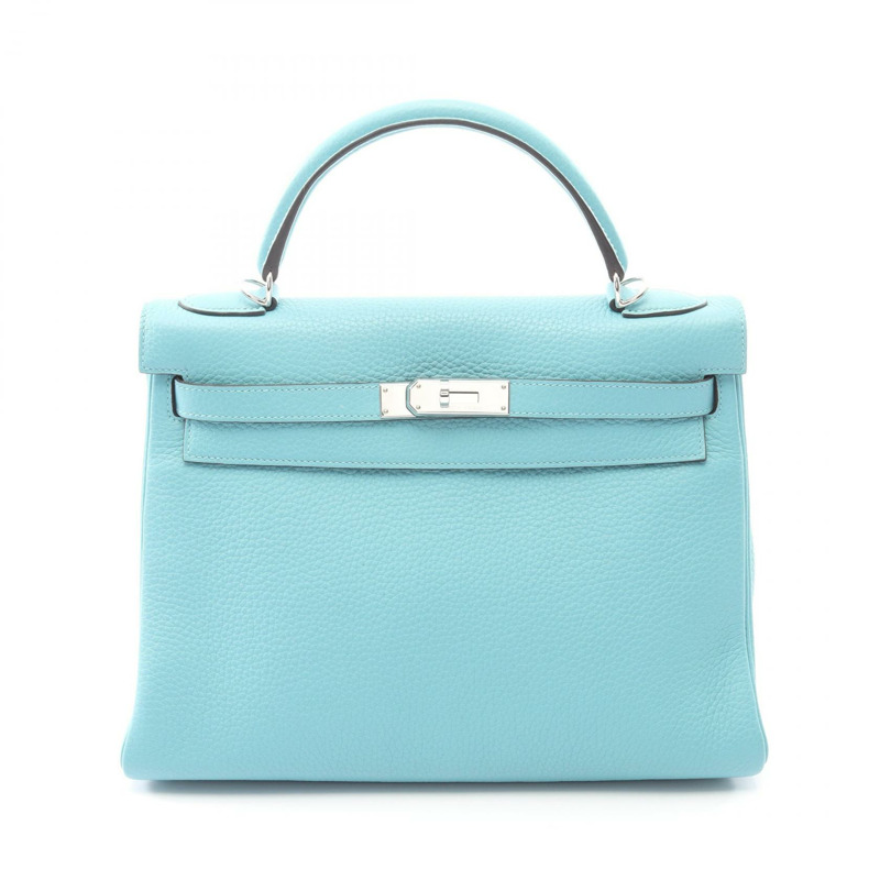 愛馬仕 Kelly 32 手提包,內襯縫製 Taurillon Clemence 藍色環礁圖案,二手,帶五金配件。-0