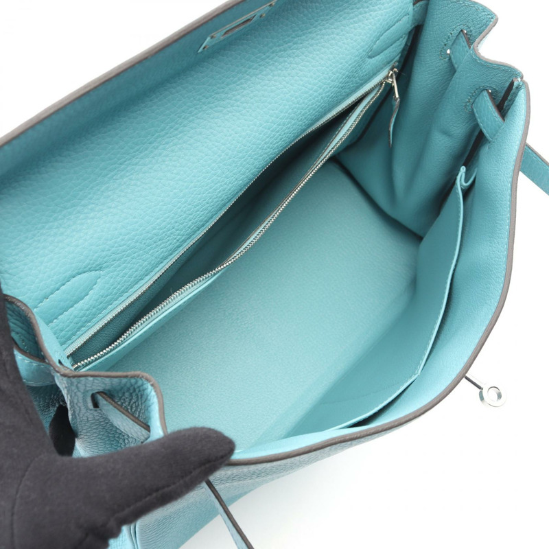 愛馬仕 Kelly 32 手提包,內襯縫製 Taurillon Clemence 藍色環礁圖案,二手,帶五金配件。-2