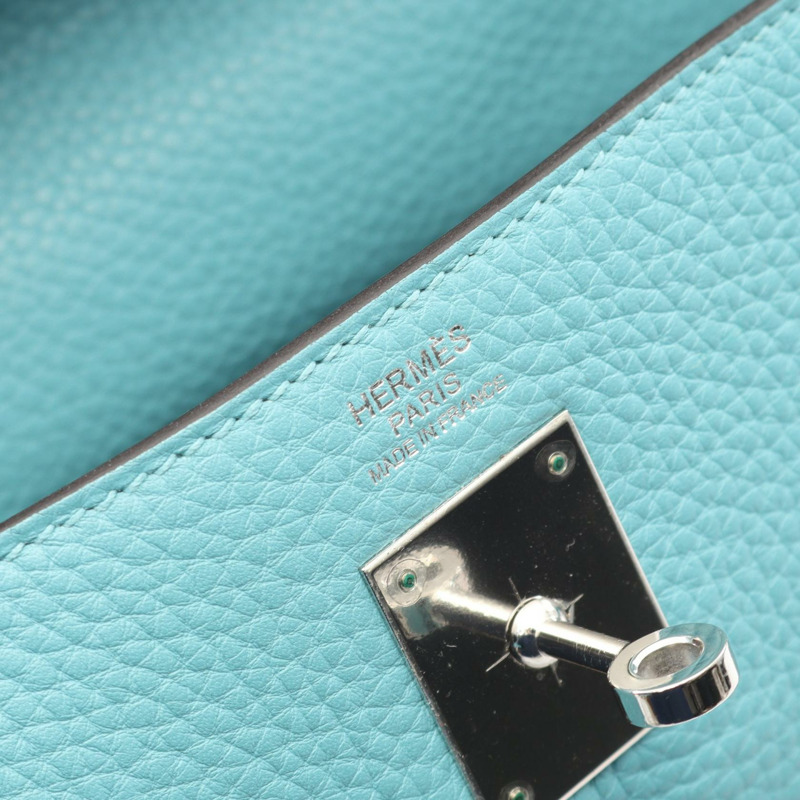 愛馬仕 Kelly 32 手提包,內襯縫製 Taurillon Clemence 藍色環礁圖案,二手,帶五金配件。-3