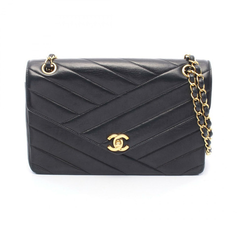 香奈兒斜紋縫線鏈條單肩包，羊皮材質，黑色，金色五金，二手女款