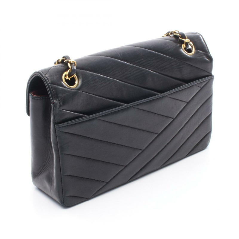 香奈兒斜紋縫線鏈條單肩包，羊皮材質，黑色，金色五金，二手女款-1